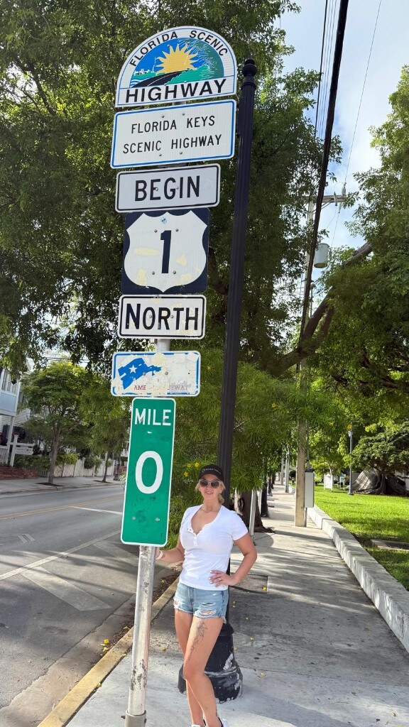 Tilly at Mile 0 on the Florida Keys Scenic Highway